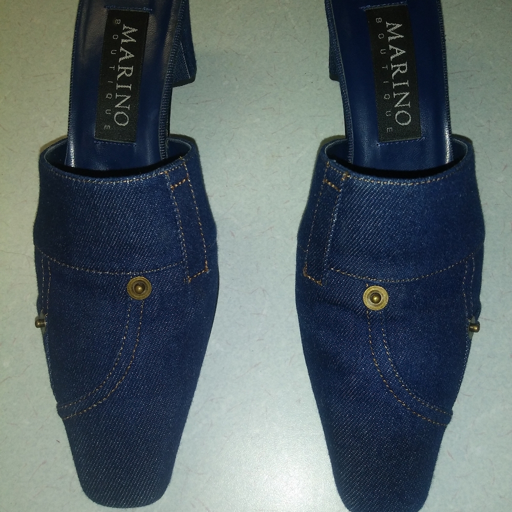 Navy Blue Square-Toe Denim Mules by Marino Boutique